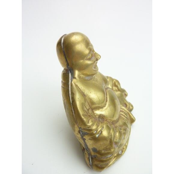 Vintage Small Brass Sitting Smiling Buddha Figurine Paperweight Decor - Picture 2 of 5